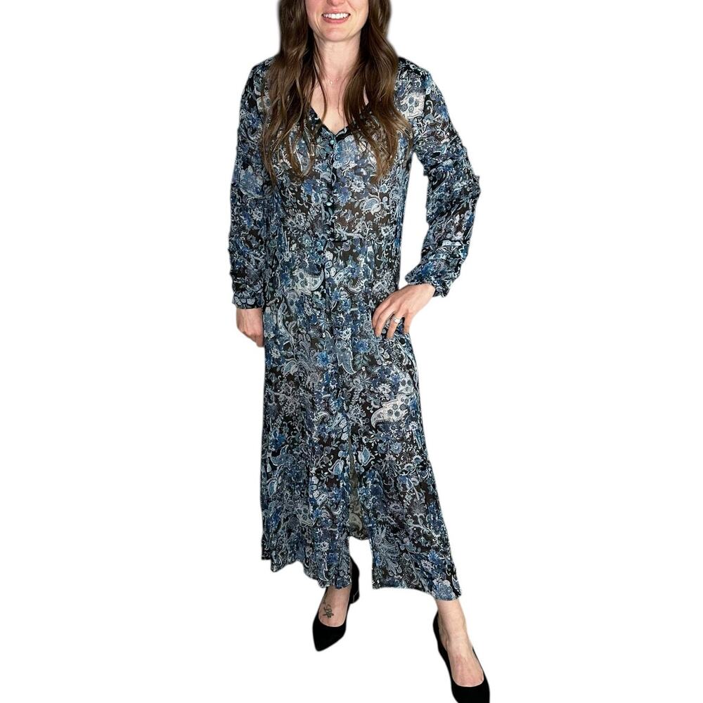 THE KOOPLES Sheer Blue Black‎ Paisley Patterned Slip Dress Women's Midi Dress